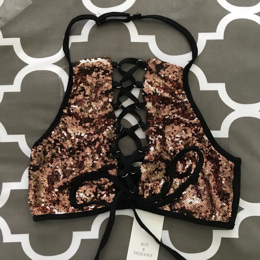 Gold Sequin Keyhole Lace up Rave Top